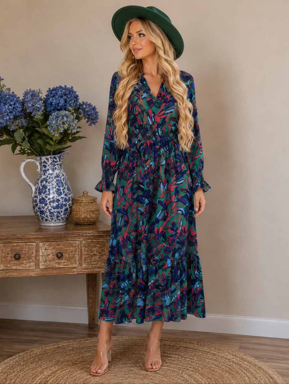 Sugarlips Emerald Green Maxi Dress with Navy & Fuchsia Floral Print